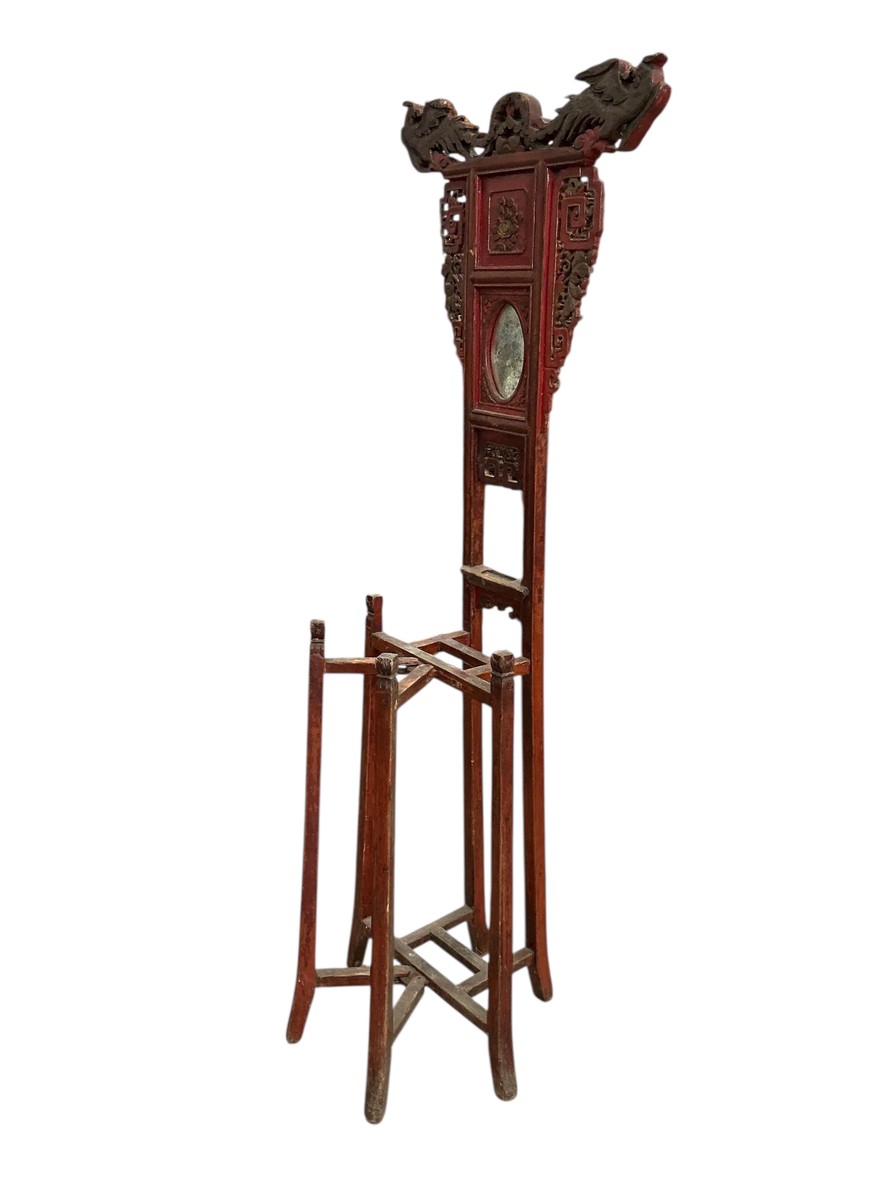 A Chinese red lacquer wash stand, width 58cm, height 154cm